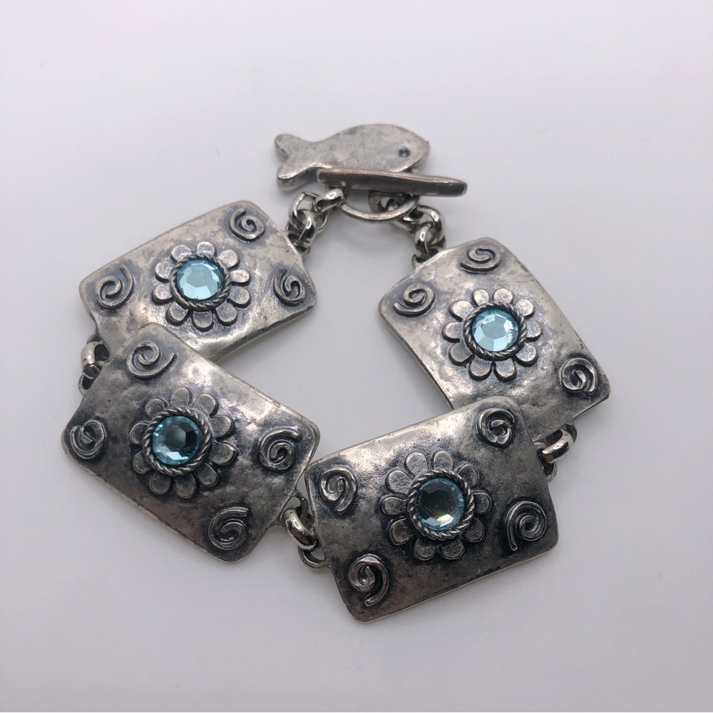 Vtg AVGAD Floral Silver Plated Blue Rhinestone Flower Panel Bracelet 7.5”